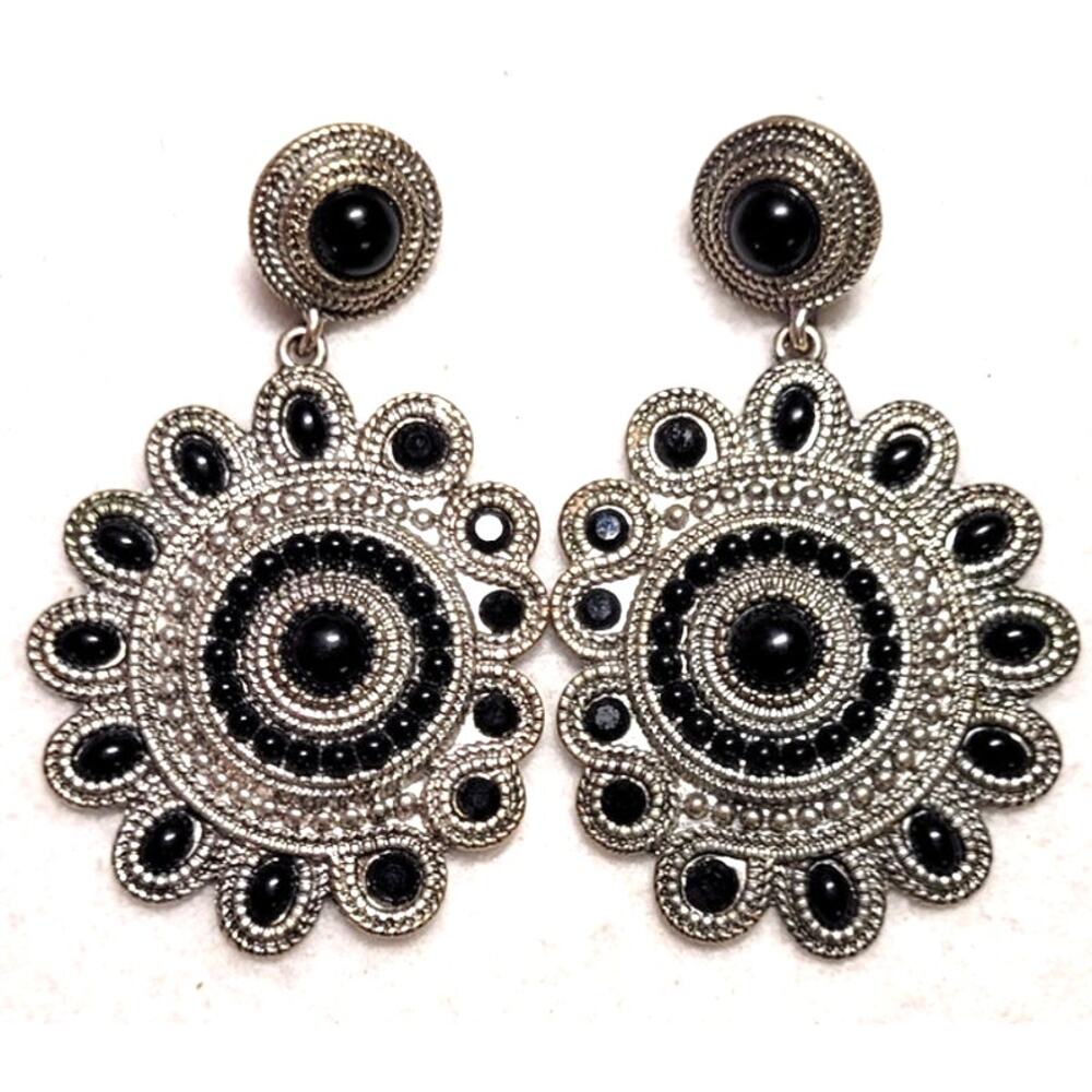 Vtg Silver Tone Black Onyx Style Earrings Ornate Milgrain Border Statement Drop
